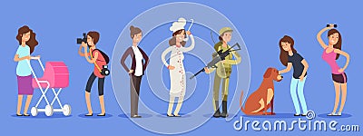 Female free choice vector concept. Woman in different life roles and professions illustration Vector Illustration