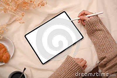 Female freelance blogger designing her graphic content in digital tablet Stock Photo