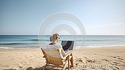 Female freelance programmer in chaise-longue lounge working coding surfing on notebook computer. Perks of distance work concept. Stock Photo