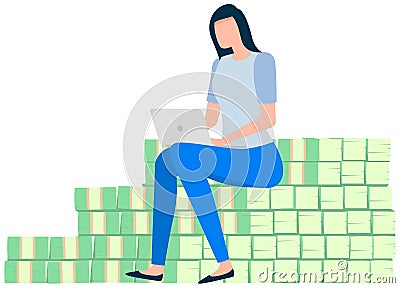 Female freelancer works to earn money and receive income. Girl on top of stack of banknotes Vector Illustration