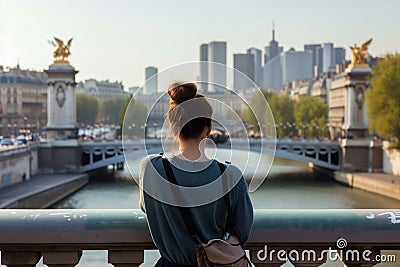 female with a french twist admiring city views from a bridge Stock Photo