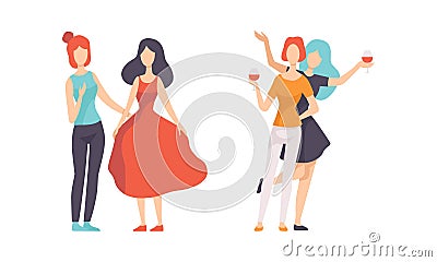 Female Friend Spending Time Together Gossiping and Drinking Wine Vector Set Vector Illustration