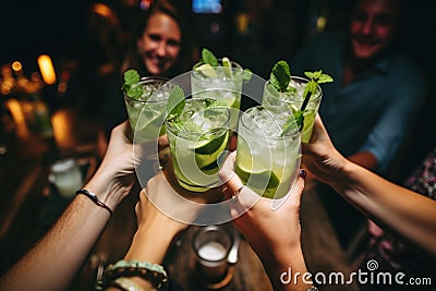 Female friends clinking glasses with mojito and lime at bar counter, Happy friends group cheering mojito drinks at cocktail bar Stock Photo