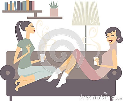 Female friends with coffee cups talking at home Vector Illustration