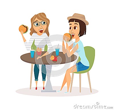 Female friends eating Vector Illustration