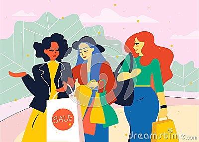 Female friends go from the store with shopping bags. Vector Illustration