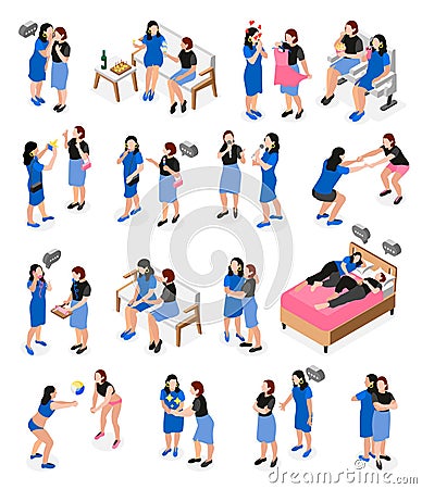 Female Friends Isometric Icon Set Vector Illustration