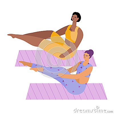 Female friends performing exercise for abs on mat. Group workout for women of different ages Vector Illustration