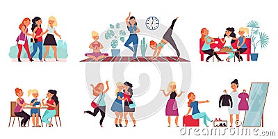 Female friends together. Smiling young friend, adult friendship. Happy sisters, women teamwork community. Girls Vector Illustration