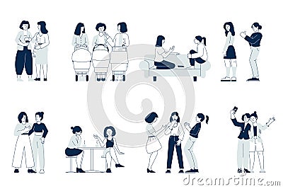 Female friendship. Friends on break, girlfriends enjoying conversation. Young mother walking, girls relaxed in cafe Vector Illustration