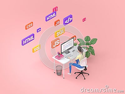 Female frontend developer sitting at a table in the modern office. Digital technology concept learning programming Stock Photo