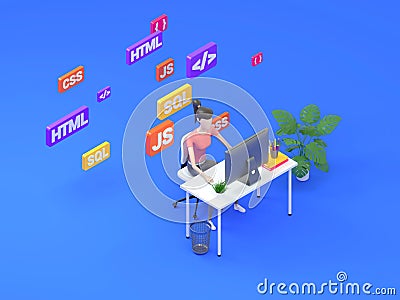 Female frontend developer sitting at a table in the modern office. Digital technology concept learning programming Stock Photo