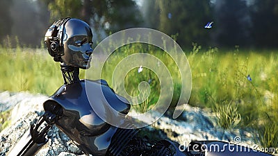 Female futuristic robot idle in forest. Concept of future. 3d rendering. Stock Photo