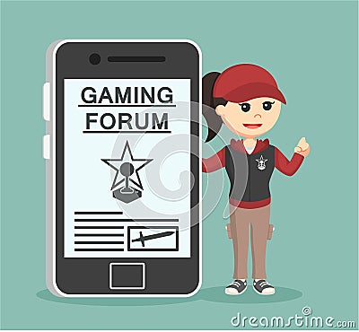 Female gamer with gaming forum on smartphone Vector Illustration