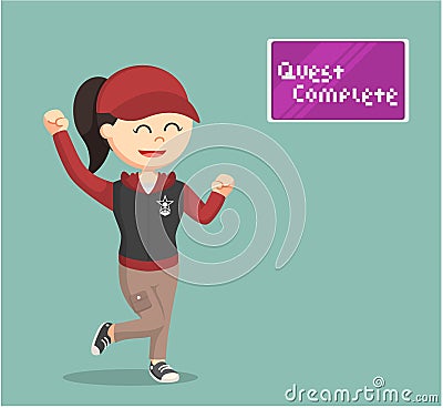 Female gamer with quest complete Vector Illustration