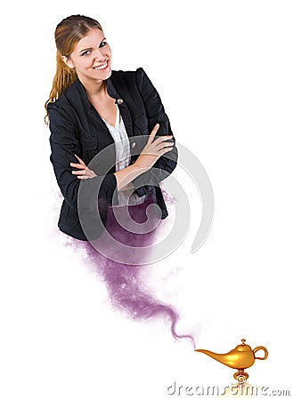 Female genie coming from the magic lamp Stock Photo