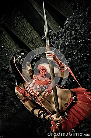 Female Gladiator With Spear Stock Photo