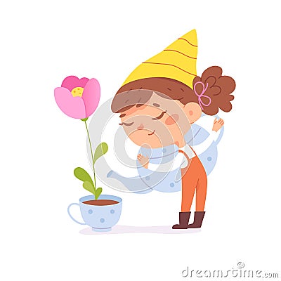 Female gnome holding watering can in hand to water flower in flowerpot, happy magic girl Cartoon Illustration