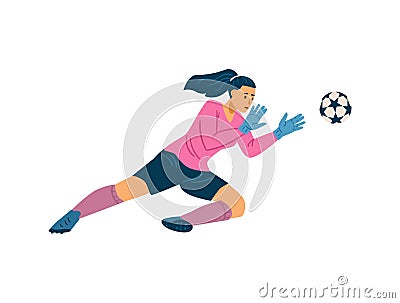 Female goalkeeper catches the ball during soccer game, flat vector illustration isolated on white background. Vector Illustration