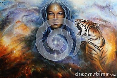 The female goddess Lada in spacial surroundings with a tiger and a heron Stock Photo