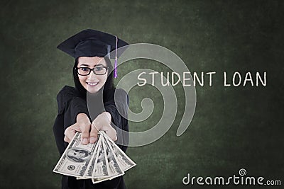 Female graduate get money from student loan Stock Photo