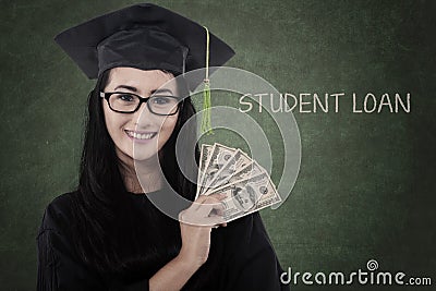 Female graduate student get money for loan Stock Photo