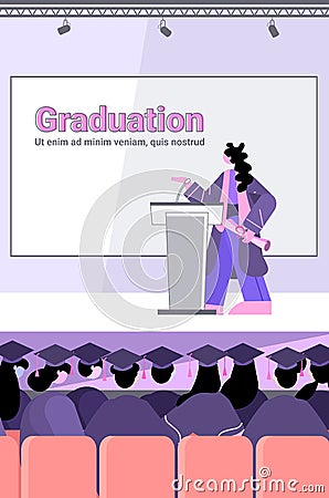 female graduated student giving speech from tribune graduates celebrating academic diploma degree education Vector Illustration