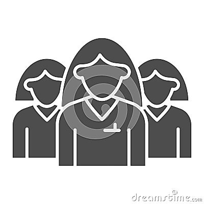 Female group solid icon. Three women in uniform, office workers team symbol, glyph style pictogram on white background Vector Illustration