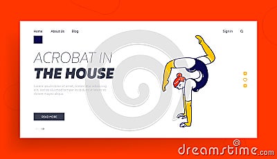 Female Gymnast Character Doing Handstand during Acrobatics Show Performance or Training Landing Page Template Vector Illustration