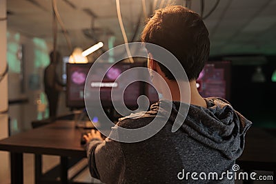 Female hacker using virus to break into computer system Stock Photo
