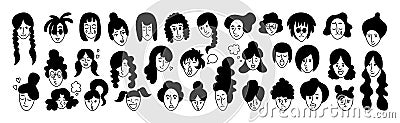 Female hair, doodle style face, scribble drawing. Girl or woman portrait, funny people, short silhouettes, many child Cartoon Illustration