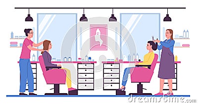 Female hair salon. Women in beauty hairstyling studio. Professional hairdressers work in interior. Barbers and customers Vector Illustration