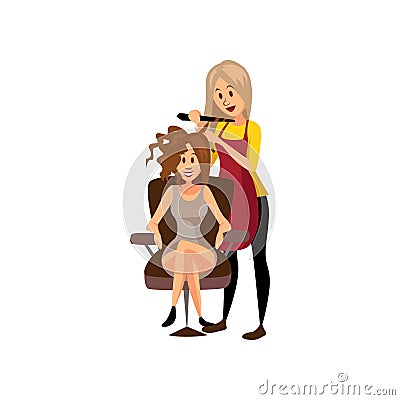 Female hairdresser making hairstyle using curling iron to young woman, professional hair stylist at workplace cartoon Vector Illustration