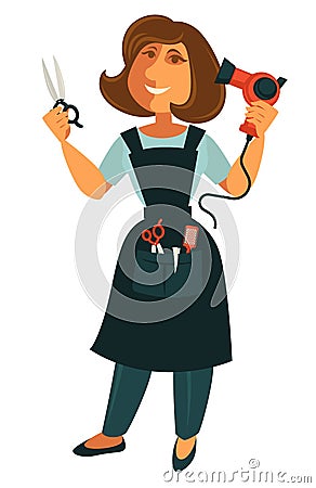 Female hairdresser with scissors and blow dryer isolated on white Vector Illustration