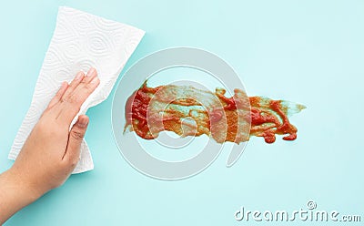 Female hand cleaning ketchup tomato sauce stai with tissue paper Stock Photo