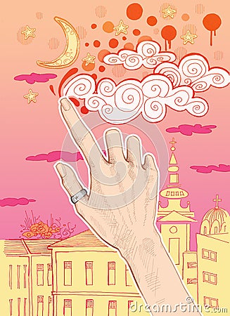 Female hand drawing clouds on the sky Cartoon Illustration