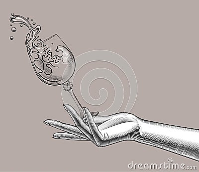 Female hand with a falling glass with splashed wine Vector Illustration