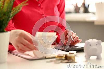 Female hand financial inspector push key Stock Photo