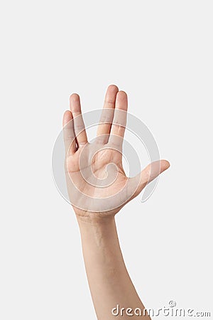 Close up woman alien greeting hand with funny fingers. Stock Photo
