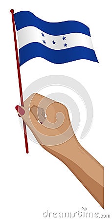 Female hand gently holds small flag of republic of honduras. Holiday design element. Cartoon vector on white background Vector Illustration