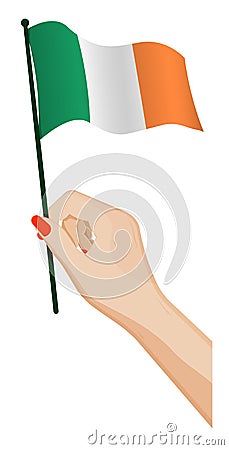 Female hand gently holds small irish flag. Holiday design element. Cartoon vector on white background Vector Illustration