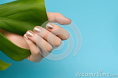 Female hand with golden nail design. Golden nail polish manicure. Female hand with green leaf on blue background Stock Photo