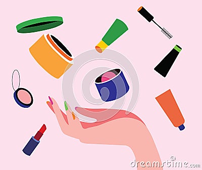 Female hand hold Makeup, cosmetic beauty products, lipstick, powder, blush, eye liner, lip balm, fairness cream. Vector illustrati Vector Illustration