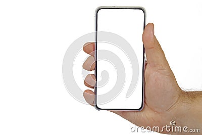 Female hand holding black cellphone with white screen at isolated background Stock Photo