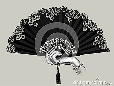 Female hand holding the black open fan with a tassel Vector Illustration
