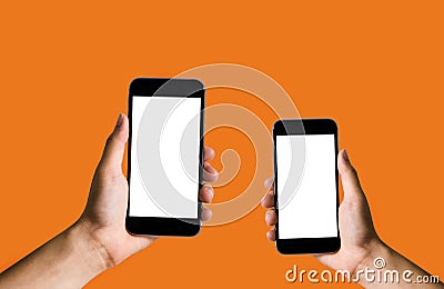 Female hand holding the black smartphone with blank screen and modern frameless design two positions angled and vertical. Stock Photo