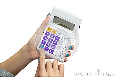 Female hand holding calculator for compute formula, business fin Stock Photo