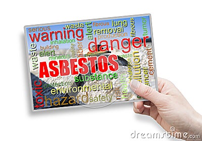 A female hand holding an card with asbestos theme Stock Photo