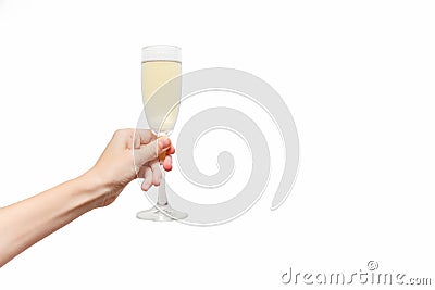 Female hand holding champagne glass. Holiday Stock Photo
