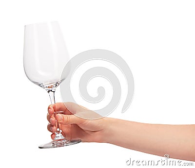 Female hand holding empty clean transparent wine glass Stock Photo